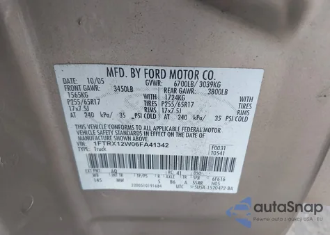 2006 Ford F-150 Stx/Xl/Xlt из США, поврежденный, VIN 1FTRX12W06FA41342